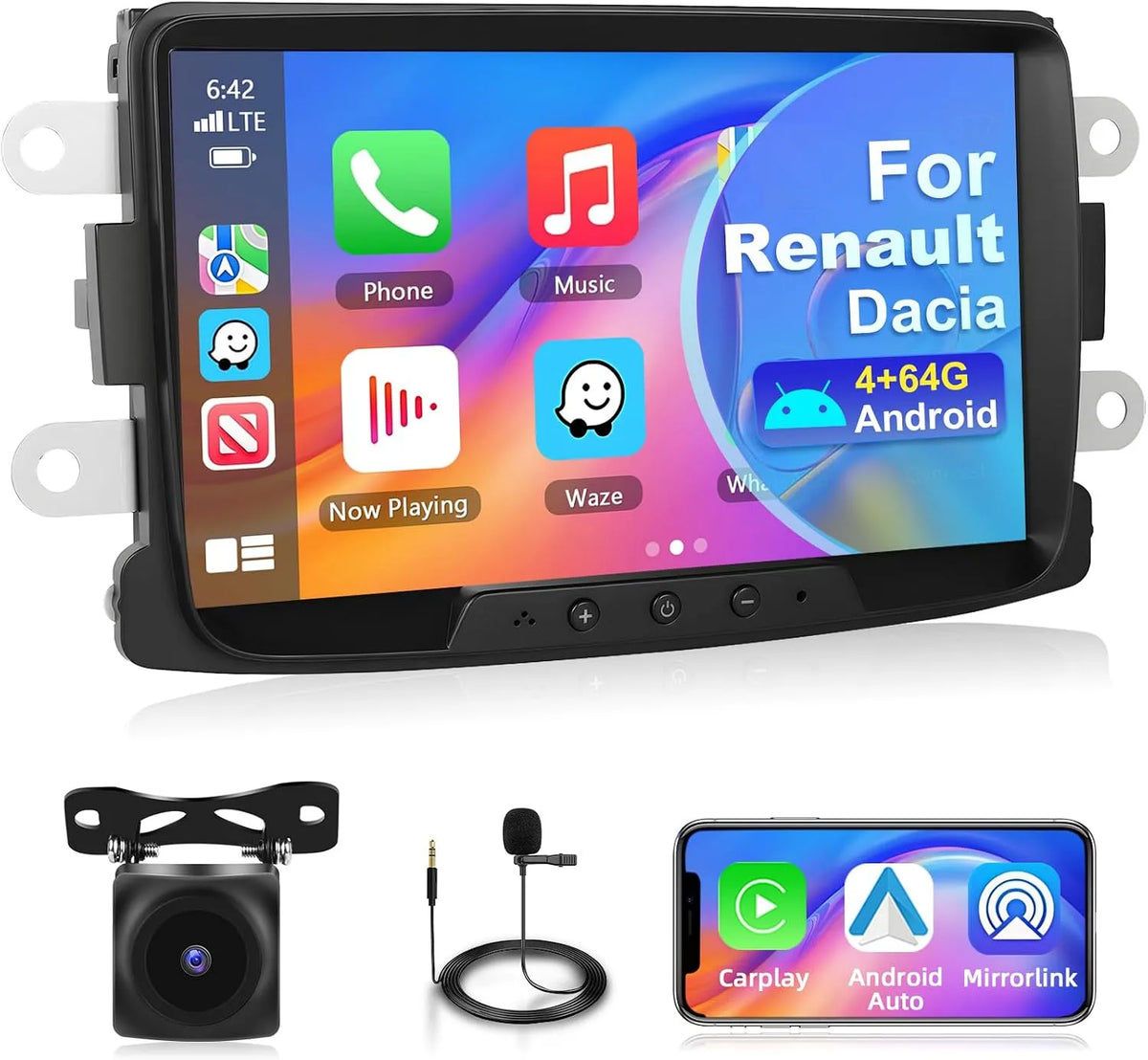 Autoradio pour Renault Dacia Duster modèle 4GB+64GB Carplay, Sandero, sans Fil Android Auto Stereo GPS Navi Écran Tactile Bluetooth ASP FM