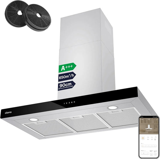 CIARRA Fonction Boost, Hotte Apisrante 90cm 650 m³/h CBCS9102, 4 niveaux de vitesse, Hotte de Cuisine Silencieuse, 4 niveaux de vitesse, Class A+++