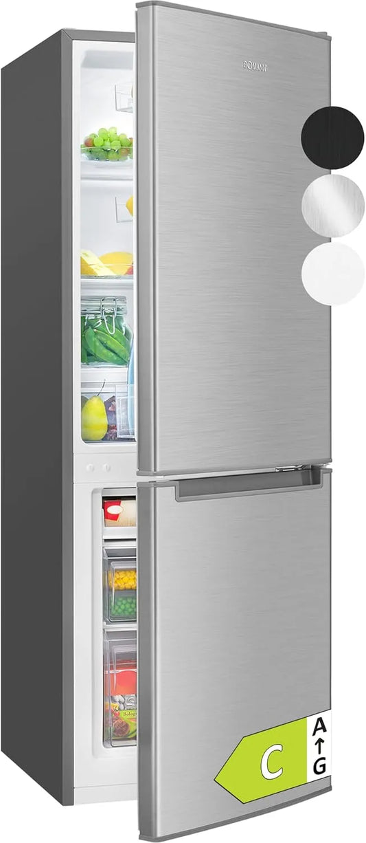 Bomann réfrigérateur KG7359, Dimensions 142,5x49,5x56 cm, et Congélateur 173L Inox, capacité 121L, Congélateur 52L, Éclairage LED, Alarme Ouverture