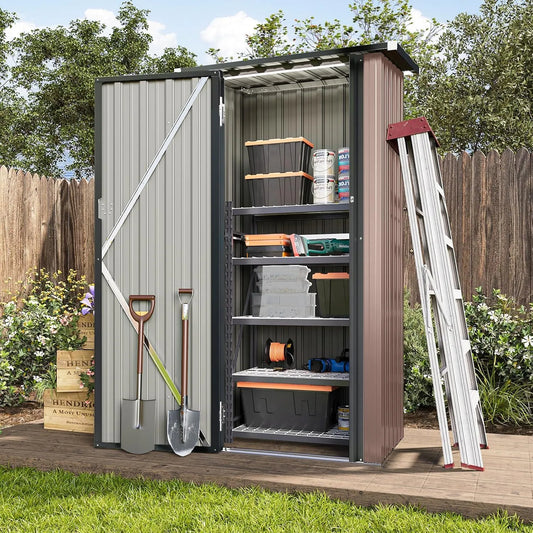 Abri de jardin, utilitaire en acier, terrasse, marron, en métal de 0,9 x 6,3 m avec portes verrouillables, arrière-cour et pelouse