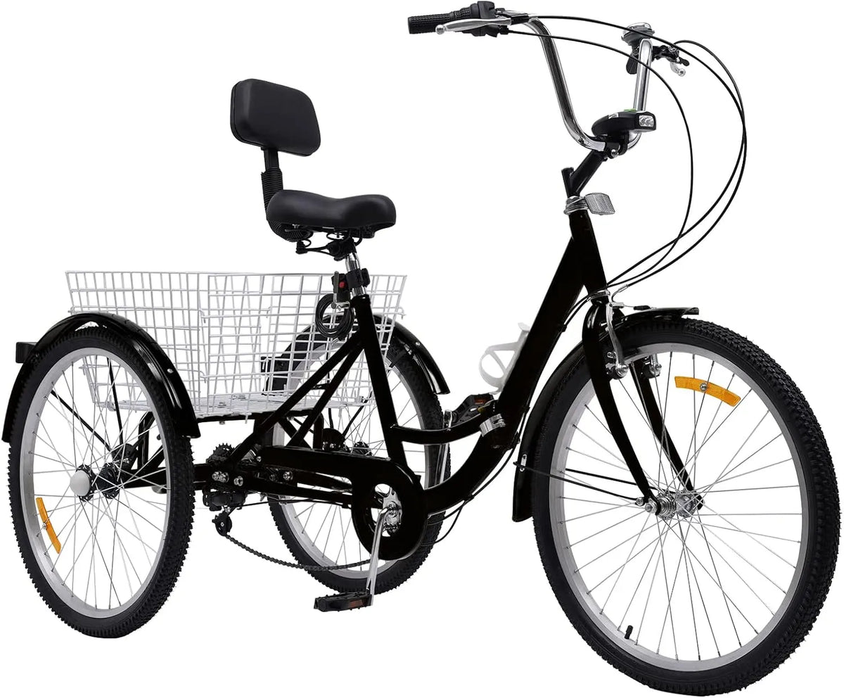 Vélo, 7 niveaux de vitesse, 7 niveaux de vitesse, pliable, avec lumière LED, finition noire, Tricycle pour adulte 24 ', 3 roues, panier à légumes