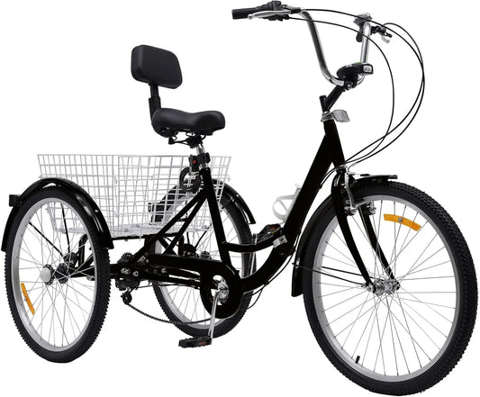 Vélo, 7 niveaux de vitesse, 7 niveaux de vitesse, pliable, avec lumière LED, finition noire, Tricycle pour adulte 24 ', 3 roues, panier à légumes