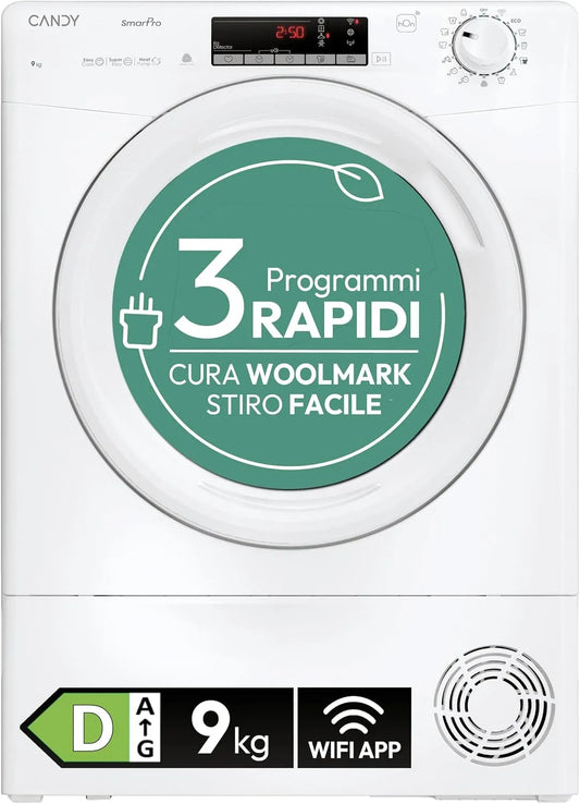 Candy pompe EH9N2TE-S, 14 Cycles, Smart Pro CRO Sèche Linge 9 kg à Chaleur Panneau Smart Touch Wifi App HON, 64 dB, Départ différé 24 heures