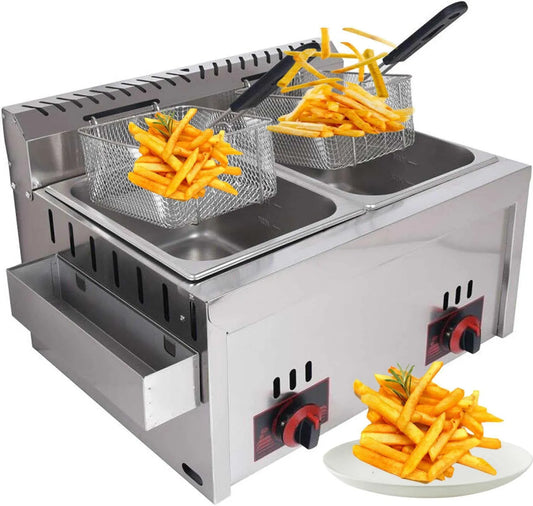 Friteuse à, gaz professionnelle 10L x 2 réservoir d'assaisonnement en acier inoxydable, 2 paniers une cuisson efficace