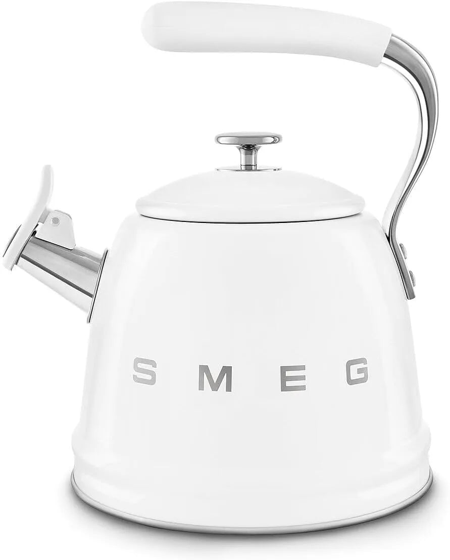 Smeg bouilloire électrique WKF01WH, SIfflante, Couvercle Amovible et Bec Doseur, finition blanche, Capacité 2,3 L, en Acier Inoxydable