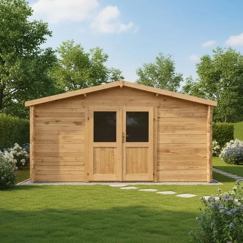 Abri de jardin, Bois Massif 16m², dimensions 398x398cm, Traitement Marron Anti-tempête, Double Porte Semi-Vitrée, Serrure, Toiture OSB