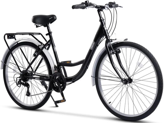 Vélo, charge de 120 kg, 95 % pré-monté, de trekking avec porte-bagages et garde-boue, finition noire, dérailleur 21 niveaux de vitesse, frein en V