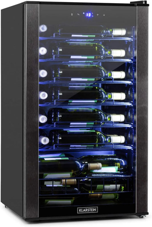 Klarstein cave à vin, 36 bouteilles, Réglable de 4 à 18°C, Compacte, Cadre en acier inoxydable finition noire, Capacité de 95L, 6 tablettes amovibles
