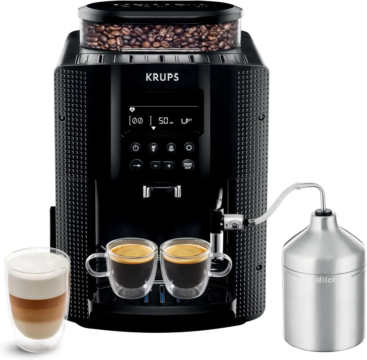 Krups machine à café EA816031, Essential, 2 tasses simultanées, grain, Expresso automatique, Ecran LCD, Nettoyage automatique, Buse vapeur, Noire