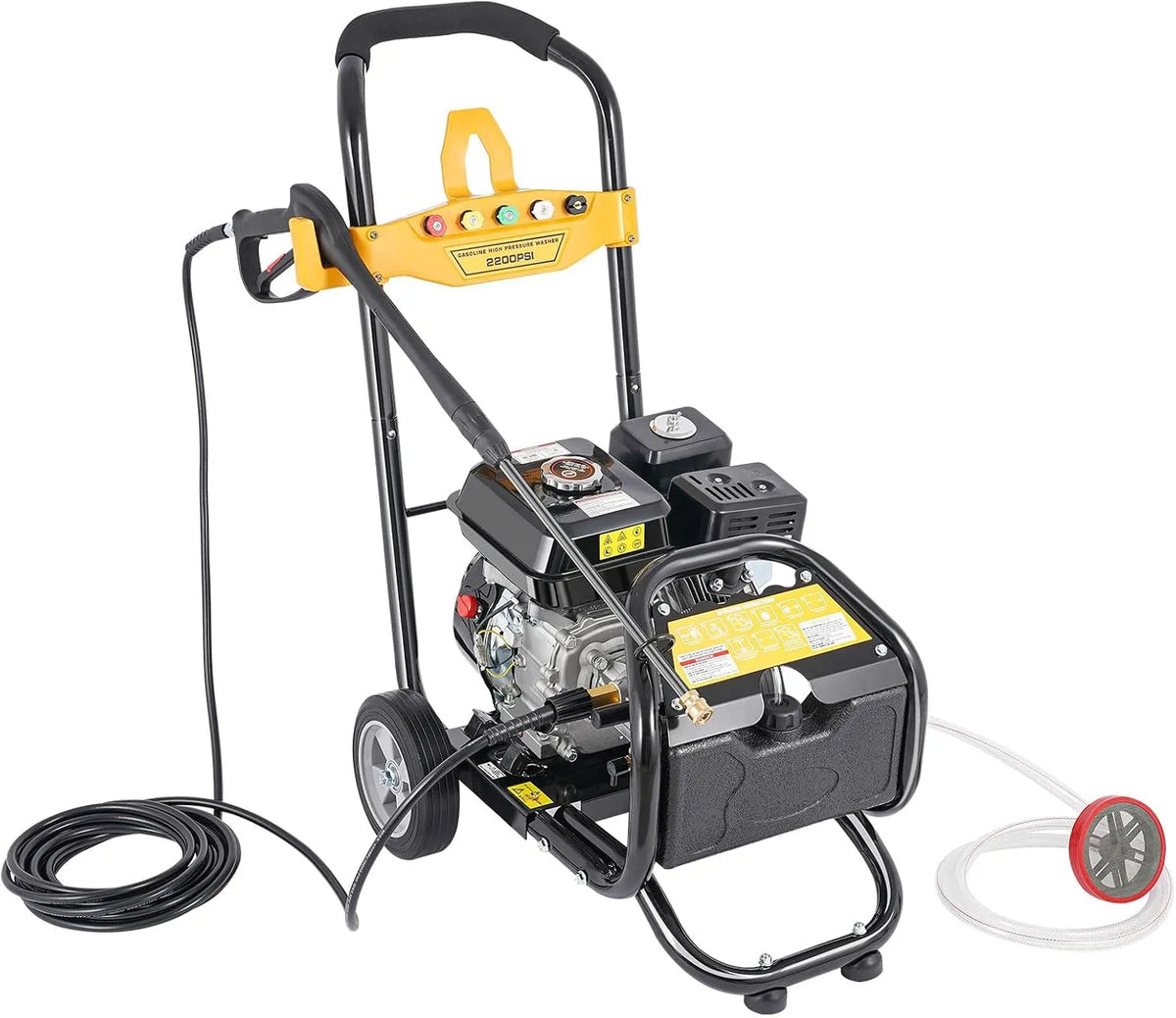 Nettoyeur haute pression 7.5CV 2200PSI, Essence, avec 5 Buses et Roues 8 Pouces Tuyau 8m pour Terrasse Mur Voiture Jardin Sol Idéal