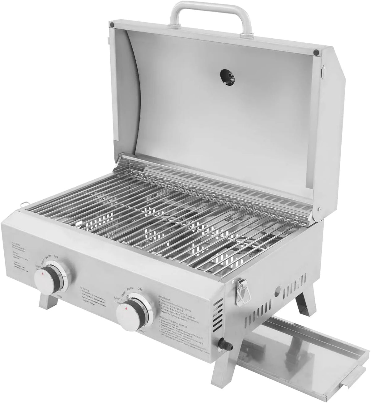 Barbecue à gaz, portable en acier inoxydable avec 2 brûleurs, 22 x 18 x 15 pouces, barbecue pliable pour arrière-cour, jardin, terrasse et pique-nique