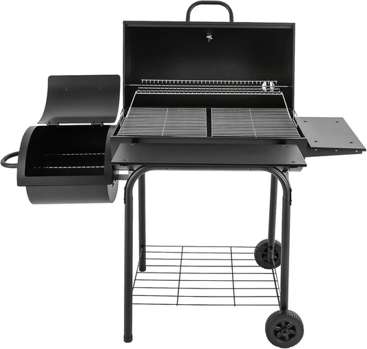Barbecue, fumoir professionnel 147 x 70 x 126 cm, au charbon de bois sur pied en acier inoxydable avec couvercle