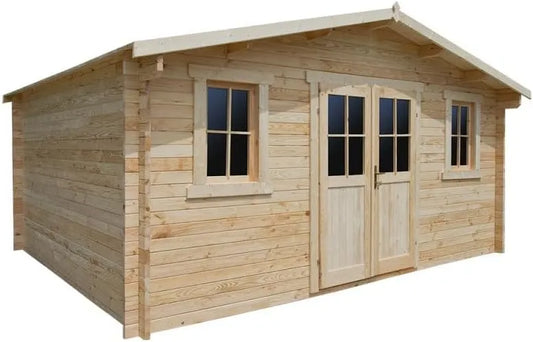 Abri de jardin, Toiture Bois avec Feutre Bitumé, Bois Massif 19,8m², Double Rainurage 40mm, Double Porte Semi-Vitrée et Fenêtres