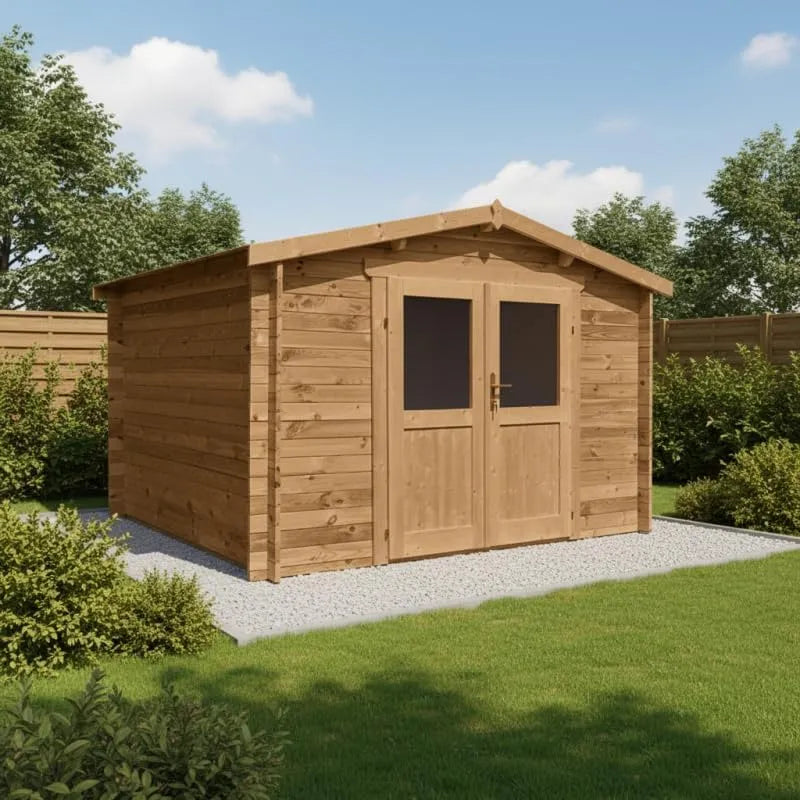 Abri de jardin, Serrure Sécurisée, Bois Massif Traité 9m², Double Porte Semi-Vitrée, Marron, Toiture OSB Résistante