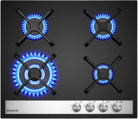 Plaque de cuisson GH6604BG1FC GASLAND, 4 feux, de cuisson à gaz en verre, compatible LPG, 60 cm en verre finition noire, Gaz naturel