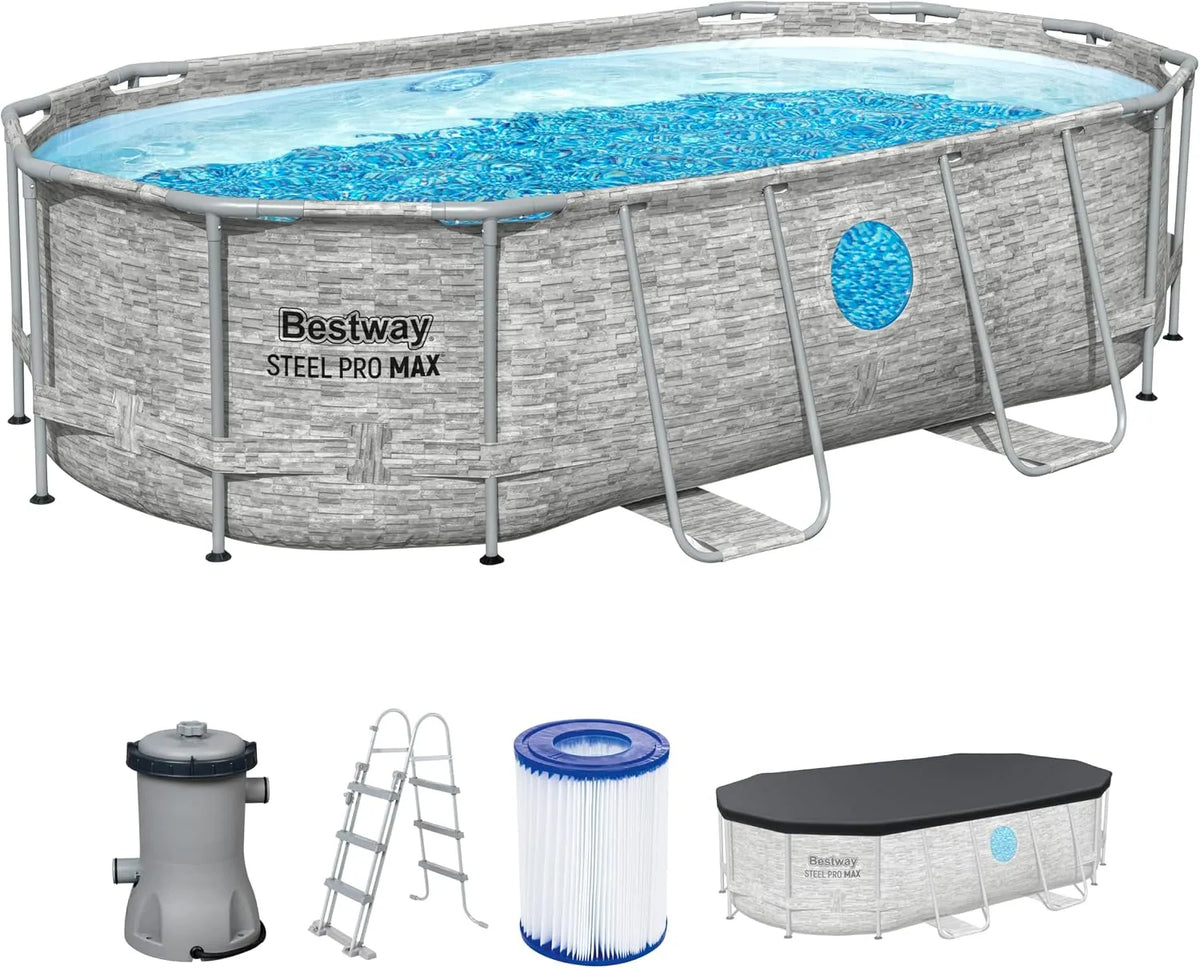 Bestway pompe, avec de Filtration 427 x 250 x 100 cm, Power Steel Swim Vista Series Frame Piscine Kit Complet, Aspect Mur de Pierre, Ovale