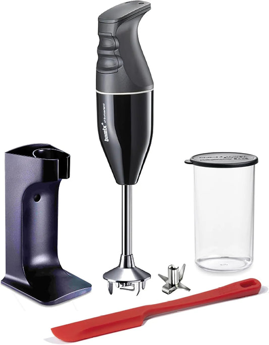 Mixeur EO180 bamix Set, plongeant CLASSIC PLUS avec support, couteau multifonction, Fabriqué en Suisse, finition blanche, puissance 180 W, récipient