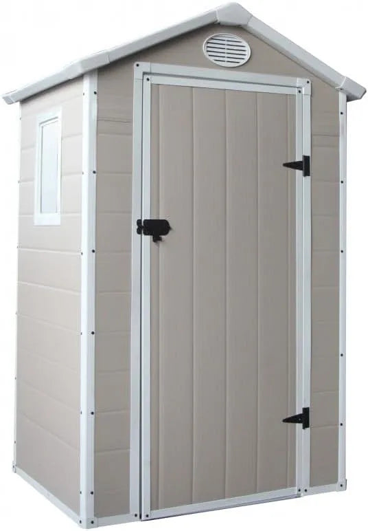 Abri de jardin, en Résine Beige 1,34m², Structure Acier Galvanisé, Rangement Extérieur avec Kit d'ancrage, Porte Verrouillable, Fenêtre, Ventilation