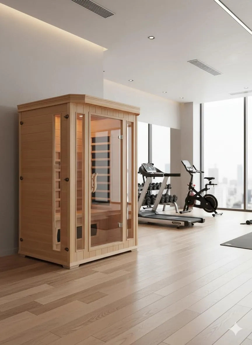 CONCEPT USINE, 5 Diffuseurs Infrarouges, puissance 1690W, Commandes LCD + Radio, Sauna Infrarouge Luxe 2 Places en Bois, Chromothérapie 7 Couleurs