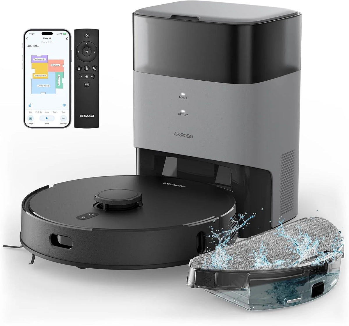 Aspirateur T20 2700 AIRROBO + Robot, et Vadrouille avec Base Auto-Vide, Navigation Laser, Alexa, App, pour Animaux, Sac à Poussière 3,3 L, WiFi