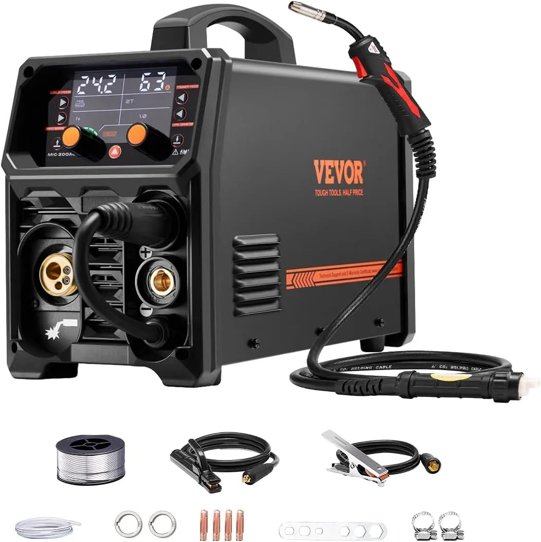 Vevor poste à souder, 200 A, sans Gaz au Gaz MMA Lift MIG PLUSE 5 en 1, Machine de Soudage Synergique Soudeuse Portable MIG, Écran LCD