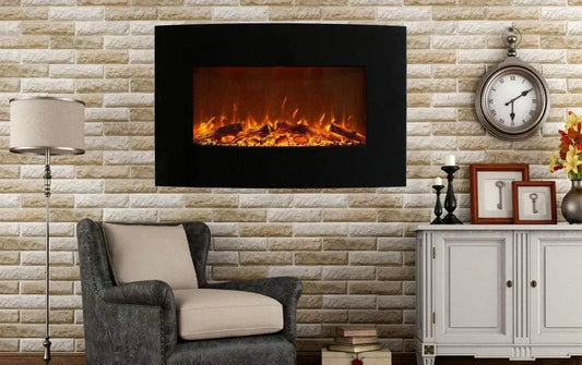 Cheminée électrique, dimensions 90 x 55 cm, Chauffage 2000W, Murale Effet Flammes LEDs, Télécommande, Thermostat électronique, Noire