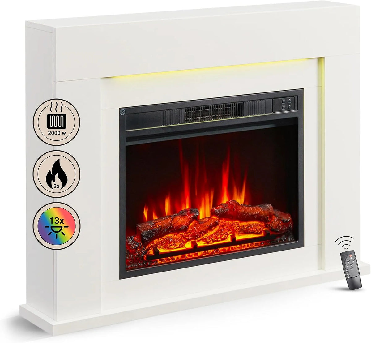 Cheminée électrique BALDERIA, Chauffage 2000W, télécommande, minuterie, démarrage, Nouveau finition blanche, Effet Flamme 3D, Finn-Design, Thermostat