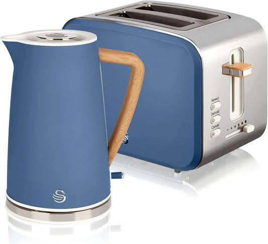 Bouilloire électrique, sans fil 1,7 L 2200 W Grille-pain à fente large 2 tranches 3 fonctions Design moderne Effet bois Bleu mat