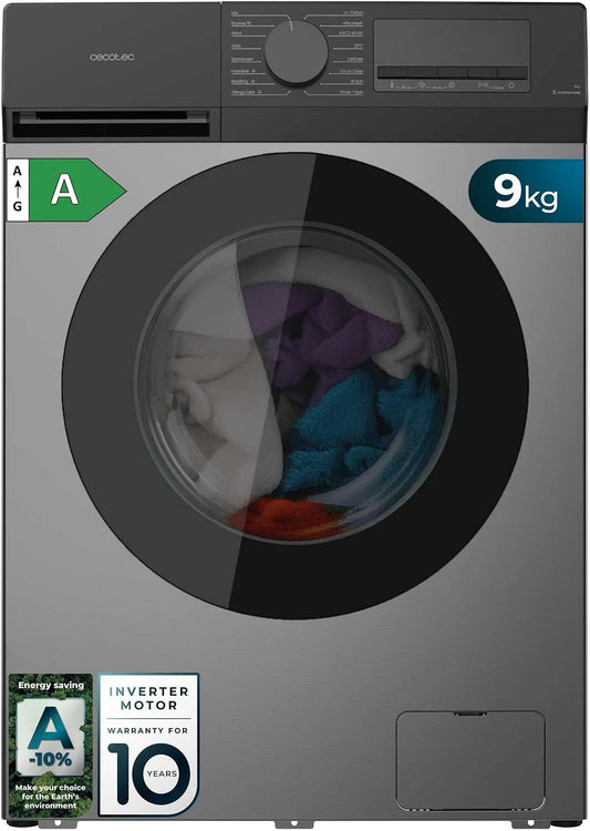 Cecotec lave-linge 9450 A-10, 16 programmes, 1400 tr/min, Acier, Pearl Drum, KidLock, à à à chargement frontal 9Kg Bolero DressCode Inverter Steel
