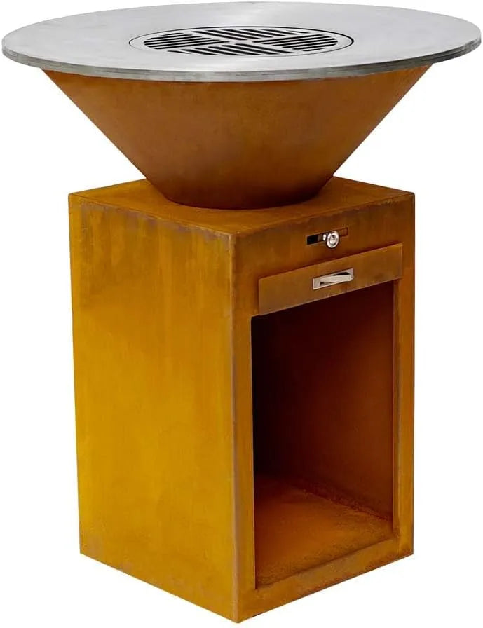 Barbecue Braséro Plancha Grill, en Acier Corten Ø85cm avec Meuble Carré de Rangement pour Le Bois, Jardin, Terrasse, Extérieur
