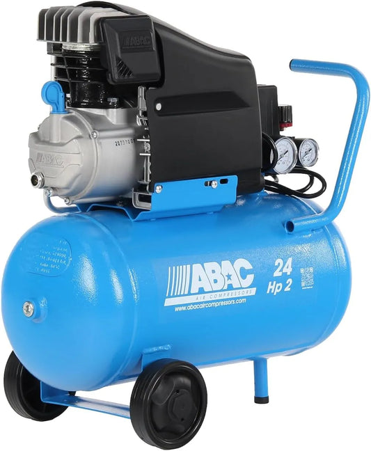 Compresseur L20 ABAC Pole Position, Pression Max. 10 Bar, d'Air 24 Litres, Puissance 2 CV, Double Manomètre, Injection d'Huile, Roues de Transport
