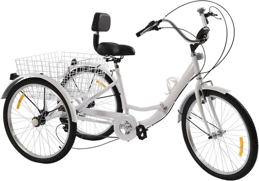 Vélo, 7 niveaux de vitesse, 7 niveaux de vitesse, Tricycle pour personnes âgées, finition blanche, Tricycle pliable de 24 pouces pour adultes, 3 roues