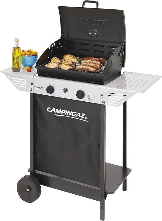 Barbecue à gaz Campingaz, Xpert 100 L Plus Rocky, 2 Tablettes Latérales et Chariot en Acier, Barbecue Compact 2 Brûleurs, Puissance 7.1kW