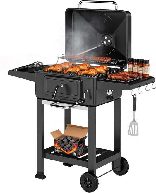 Outsunny barbecue, Charbon de Bois XXL 112cm avec Couvercle, Fumoir à 600°C avec Thermomètre et Porte de Ravitaillement, finition noire