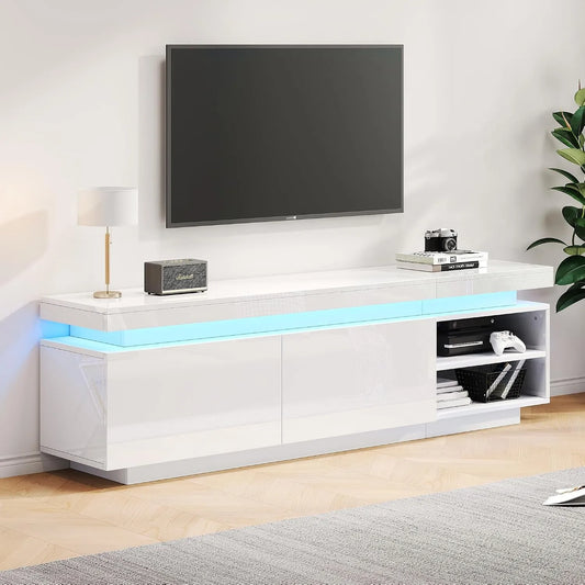 Meuble TV, 2 Portes et Compartiments, Moderne Banc TV Longueur pour Télévisions 70 Pouces, dimensions 170x35x50 cm, finition blanche avec LED