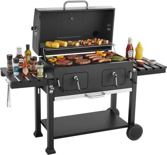 Vevor barbecue, Gril à Charbon de Bois avec Zone de Cuisson de 0,5 m², à Charbon sur Roulettes, avec Tablettes Latérales Pliables