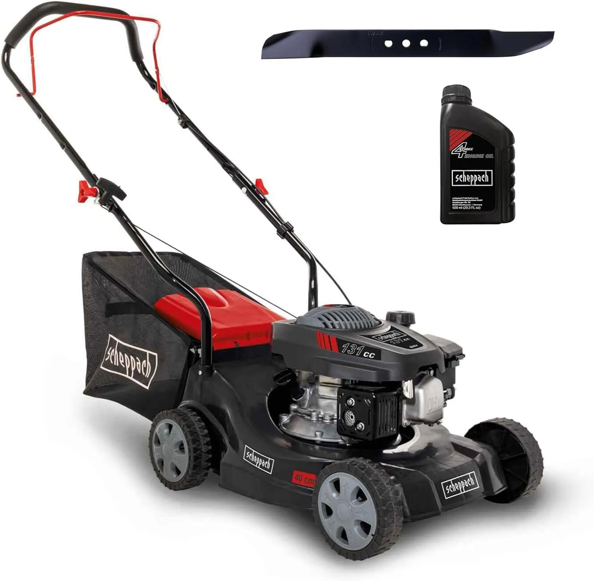 Scheppach tondeuse à gazon MP132-40, 3,4 CV, Panier de ramassage de 35L, avec Lame de Rechange et Huile Moteur, Largeur de Coupe 40 cm, Thermique