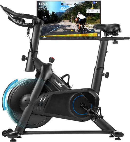 Vélo P8-HM Max125KG Skandika, d'appartement coonecté Falk, de vitesse, cadre acier, de biking, frein magnétique, écran LCD, compatible Kinomap