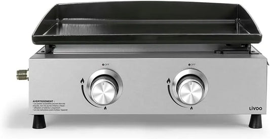 Modèle DOC323I Livoo, Plancha gaz 2 brûleurs, puissance 5kW, 4 à 6 personnes, butane et propane