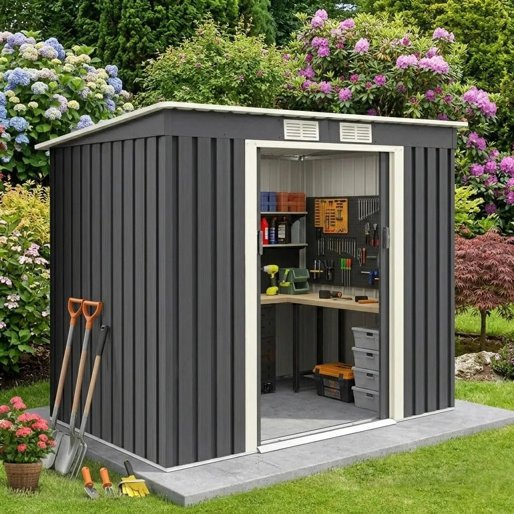 Abri de jardin Goplus, dimensions 213x130x173CM, 2 Aérations, Rangement Outils pour Pelouse, 2,37M² en Acier Galvanisé Résistant 4,1m³, Toit Incliné