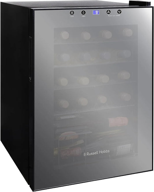 Russell Hobbs modèle RH20WC201MR, lumière LED avec commande tactile, étagères réglables, Refroidisseur de vin avec porte miroir 62 litres