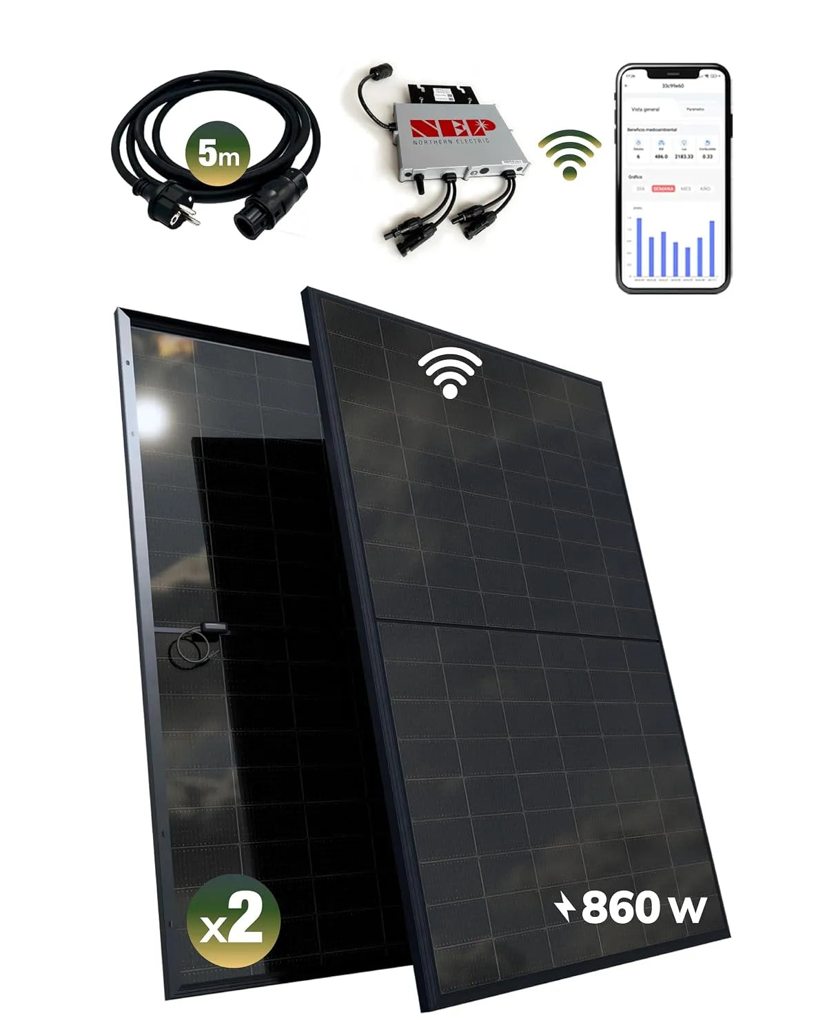 Modèle balcon BDM800W Kit solaire, 2 panneaux solaires bifaciaux 430W, puissance 800W, ALL BLACK, Micro-onduleur NEP, balcon 800W, Câble de 5 m