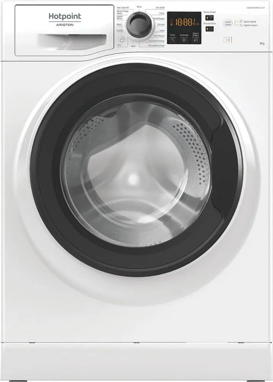 Hotpoint lave-linge NS8489WKFR, Capacité 8kg, Classe Énergétique A, Écran Digital, finition blanche, H 85 x L 59,5 x P 60,5 cm, Essorage 1400 tr/min