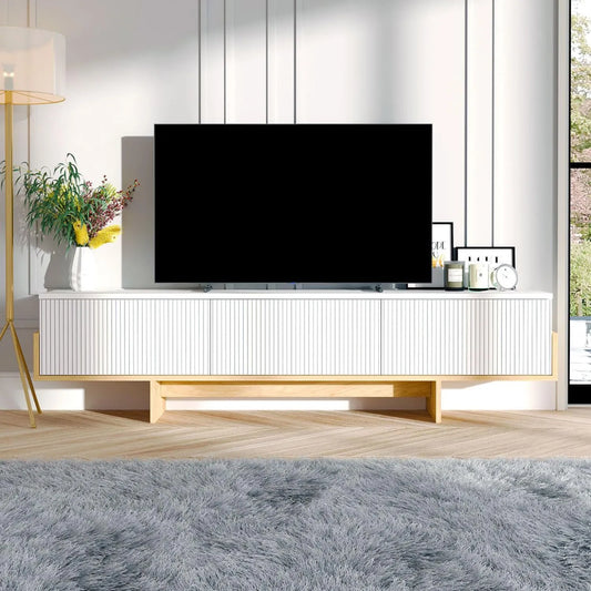 Meuble TV, 180 cm finition blanche Rainuré WOPI, 3 Placards Fermés, CONCEPT USINE, Rangement Élégant et Tendance, Pieds Effet Bois Clair