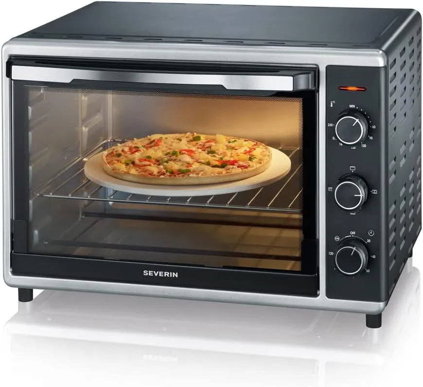 Severin four TO 2058, Mini à chaleur tournante 42 L avec pierre à pizza et tournebroche, posable 1 800 W design élégant, Inox, finition noire