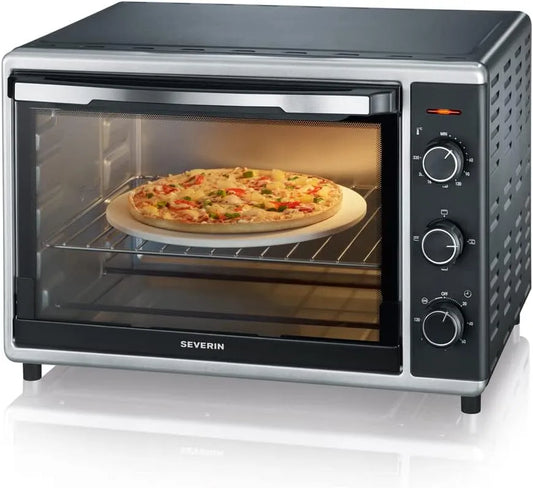 Severin four TO 2058, Mini à chaleur tournante 42 L avec pierre à pizza et tournebroche, posable 1 800 W design élégant, Inox, finition noire
