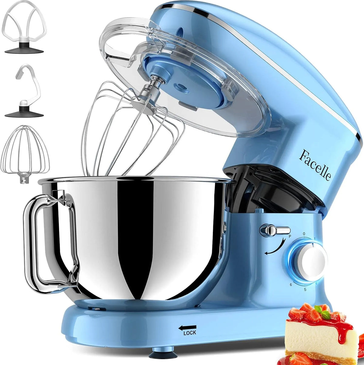 Robot pâtissier, avec Crochet Pétrisseur, Fouet à Fil, pour la cuisson, Bleu, puissance 1500W Facelle Petit électroménager 6,2L, Batteur, les gâteaux
