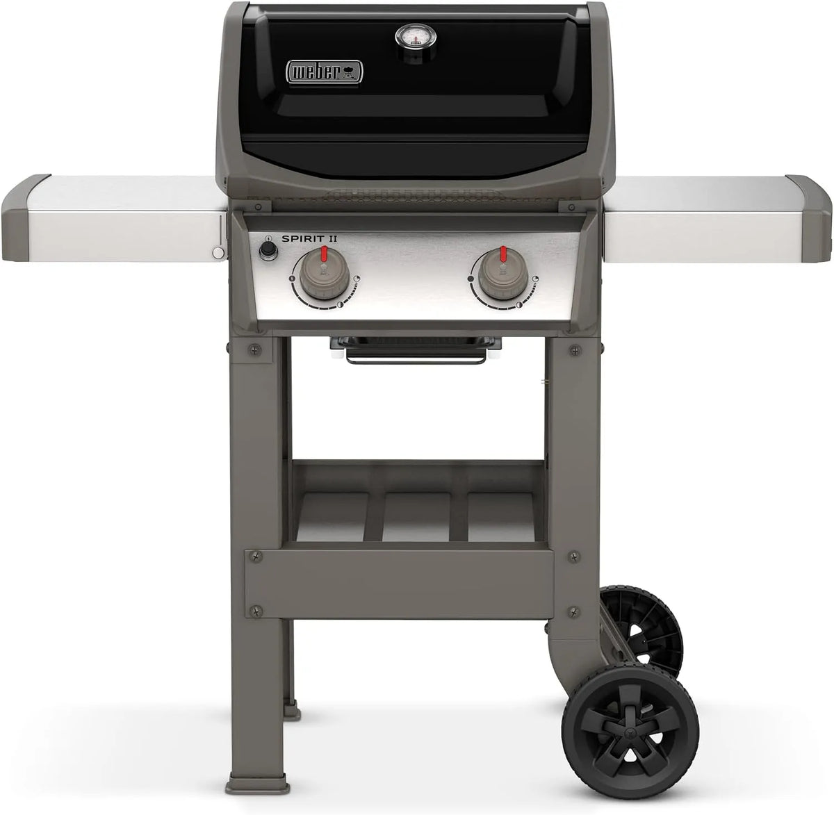 Barbecue à gaz E-210/2 GS4 Weber, Spirit II brûleurs, tablettes latérales intégrées, finition argentée, grilles Gourmet BBQ System, finition noire