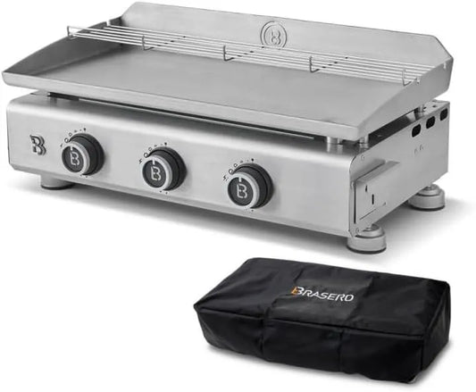 Plaque de cuisson, inox 5 mm 67 x 34 cm, 10 convives, Stable Flame, Housse incluse, puissance 7,95 kW, Plancha gaz inox 3 brûleurs Silvia IIG Evo Inox