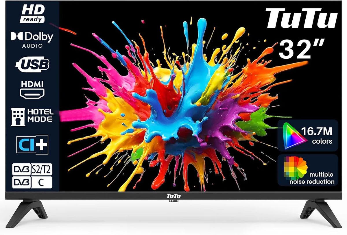 Téléviseur TUB32HN1N TuTu, 32 Pouces, TV 80 cm, T2, S2, HDMI, 2024, LED HD sans Bord Télévision avec Triple Tuner, Mode hôtel, DVB-C